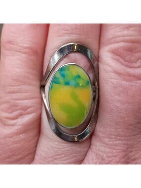 Mexico Sterling Silver OOAK Artisan Ring Yellow Green Composite Art Glass Size 7